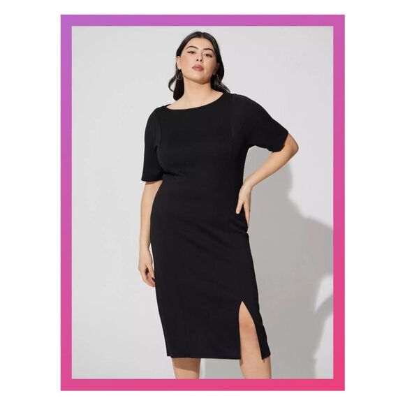 NWT Torrid 4X Deep Black Midi Studio Cupro Elbow Sleeve Bodycon Dress Size 26 - Picture 1 of 8